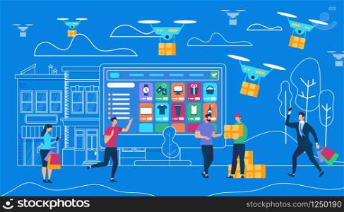 Online Order for Delivery of Goods. Transportation by Drone, Coordination of Delivering over Internet. Flight Drones Carry Parcel on Blue Background with Outline City. Cartoon Flat Vector Illustration. Online Order for Delivery of Goods by Drones