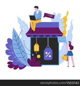 Online order Internet shop sale isolated abstract icon vector web store discount and price reduction tags with percentage symbols customer and seller shopping man with laptop and woman with bags. Internet shop sale isolated abstract icon online order