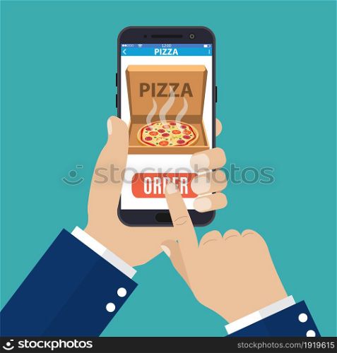 Online order pizza. Hand holding smartphone with pizza on the screen. Order fast food concept. Vector illustration in flat style. Online order pizza.