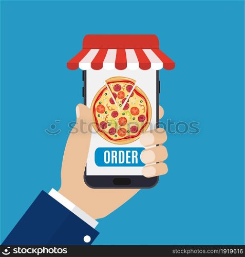 Online order pizza. Hand holding smartphone with pizza on the screen. Order fast food concept. Vector illustration in flat style. Online order pizza.