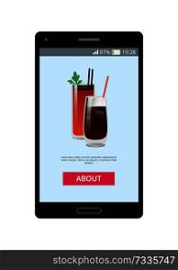 Online order poster with Bloody Mary and whiskey cola cocktails in mobile application with push button about, order cocktail from smartphone vector. Online Order Poster with Bloody Mary and Whiskey