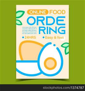 Online Ordering Food Advertising Banner Vector. Boiled Eggs And Green Leaves On Promotional Creative Internet Ordering Poster. Cooked Meal Concept Template Stylish Colorful Illustration. Online Ordering Food Advertising Banner Vector