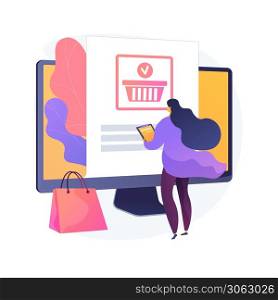 Online ordering, purchase making, buying goods on internet store website. Female customer with tablet adding product to cart cartoon character. Vector isolated concept metaphor illustration.. Online ordering vector concept metaphor.