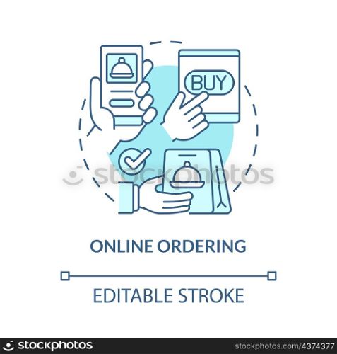 Online ordering turquoise concept icon. Wireless solution. Touchless system abstract idea thin line illustration. Isolated outline drawing. Editable stroke. Roboto-Medium, Myriad Pro-Bold fonts used. Online ordering turquoise concept icon