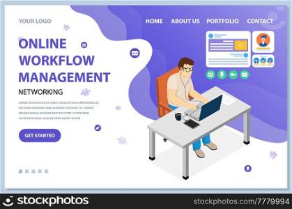 Online orkflow management, planning theme website landing page template. Programmer working on networking. Busy man at workplace is looking at laptop screen. Website for creating working portfolio. Online orkflow management, website landing page template. Programmer working on networking