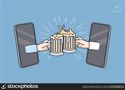Online party and celebration concept. Human hands clinking glasses with beer online from smartphones screens over blue background vector illustration . Online party and celebration concept.