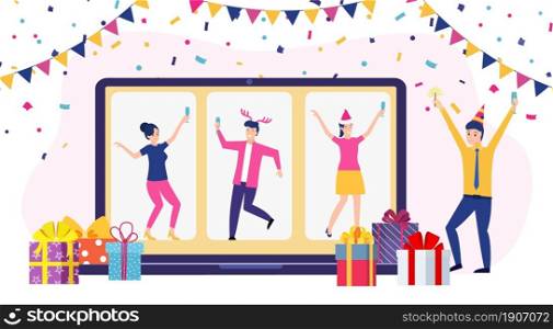 Online party, birthday, meeting friends. People drink wine together in quarantine. Video chat. Birthday party web camera and online holiday. Vector illustration in flat style. Online party, birthday, meeting friends.