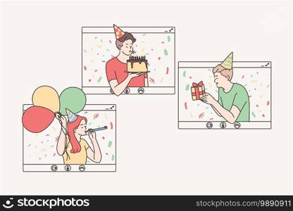 Online party, birthday, virtual meeting with friends concept. People staying and celebrating birthday or holiday through computer windows remotely. Video call during self isolation illustration . Online party, birthday, virtual meeting with friends concept