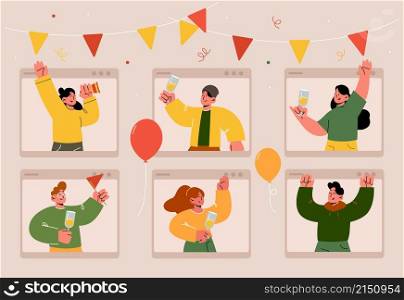 Online party, video call with happy people celebrating birthday, event or holiday. Vector flat illustration of men and women in computer windows with champagne, confetti, garland and balloons. Online party, video call, virtual meeting