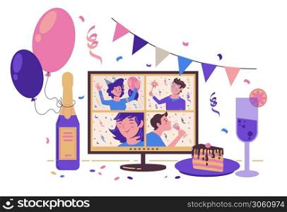Online party with friends. Celebrating birthday, Christmas and new year on the Internet. Festive table with a monitor. Vector flat illustration isolated on white background.. Online party with friends. Celebrating birthday, Christmas and new year on the Internet. Festive table with a monitor. Vector flat illustration
