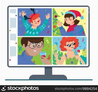 Online party with friends. Celebrating Christmas and new year on the Internet. Festive table with a monitor. Vector flat illustration isolated on white background.. Online party with friends. Celebrating Christmas and new year on the Internet. Festive table with a monitor. Vector flat illustration