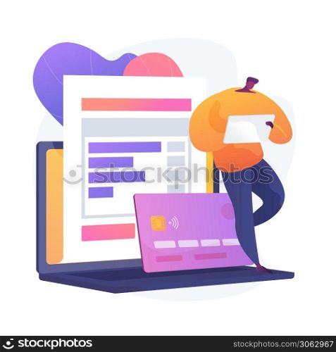 Online payment account. Credit card details, personal information, financial transaction. Cartoon character bank worker. Internet banking. Vector isolated concept metaphor illustration. Online payment vector concept metaphor