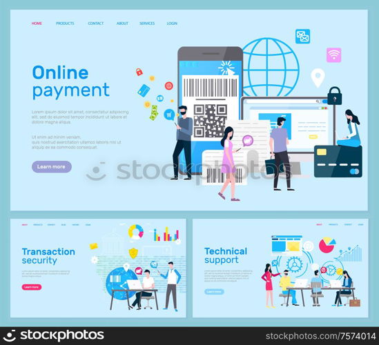 Online payment and transaction security, technical support vector. Smartphone and computer, laptop and credit card, barcode and global network, operators. Website or webpage template landing page in flat. Online Payment and Transaction, Technical Support