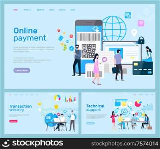 Online payment and transaction security, technical support vector. Smartphone and computer, laptop and credit card, barcode and global network, operators. Website or webpage template landing page in flat. Online Payment and Transaction, Technical Support