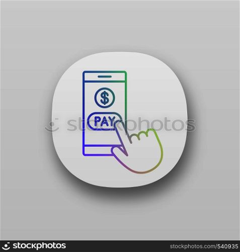 Online payment app icon. E-payment. Digital purchase. Cashless payments smartphone app. Hand pressing pay button. UI/UX user interface. Web or mobile application. Vector isolated illustration. Online payment app icon