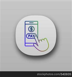 Online payment app icon. E-payment. Digital purchase. Cashless payments smartphone app. Hand pressing pay button. UI/UX user interface. Web or mobile application. Vector isolated illustration. Online payment app icon