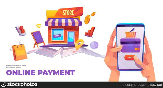Online payment banner. Human hands holding smartphone with credit card and shopping cart on screen. Smart wallet, purse app, connected secure money internet transaction. Cartoon vector illustration. Online payment banner, smartphone credit card