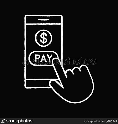 Online payment chalk icon. E-payment. Digital purchase. Cashless payments smartphone app. Hand pressing pay button. Isolated vector chalkboard illustration. Online payment chalk icon