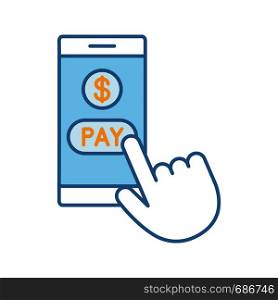 Online payment color icon. E-payment. Digital purchase. Cashless payments smartphone app. Hand pressing pay button. Isolated vector illustration. Online payment color icon