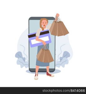 Online payment concept. Woman with credit card enjoy shopping. Shopping girl with full of shopping bags both hands. Vector illustrations. 