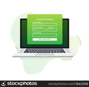 Online payment form. Online digital invoice on laptop. Vector illustration.. Online payment form. Online digital invoice on laptop. Vector illustration