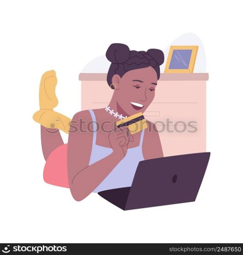 Online payment isolated cartoon vector illustrations. Woman making online purchases and holding plastic card, shopping with laptop at home, buying new clothes and accessories vector cartoon.. Online payment isolated cartoon vector illustrations.