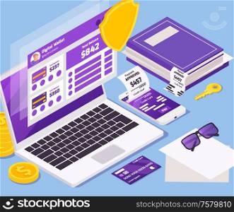Online payment isometric composition with icons and pictograms for instant transactions personal account on computer screen vector illustration