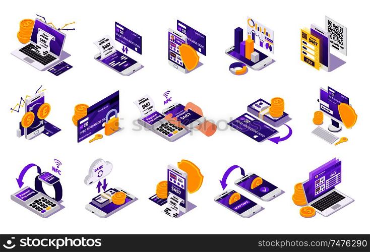 Online payment isometric icons collection with images of golden coins security shields locks and electronic gadgets vector illustration