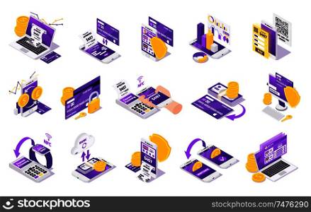 Online payment isometric icons collection with images of golden coins security shields locks and electronic gadgets vector illustration