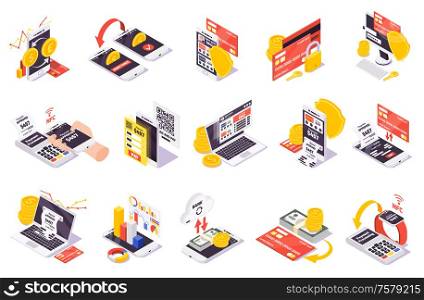 Online payment isometric icons collection with isolated images of smartphones coins credit cards and financial pictograms vector illustration