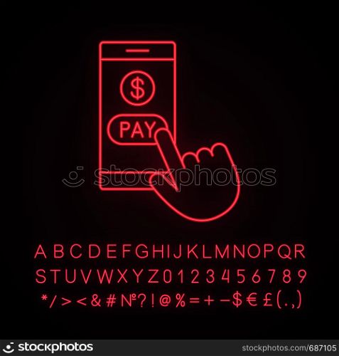Online payment neon light icon. E-payment. Digital purchase. Cashless payments smartphone app. Hand pressing pay button. Glowing sign with alphabet, numbers and symbols. Vector isolated illustration. Online payment neon light icon