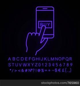 Online payment per click neon light icon. E-payment. Digital purchase. Cashless payments smartphone app. Hand pressing pay button. Glowing sign with alphabet, numbers. Vector isolated illustration. Online payment per click neon light icon