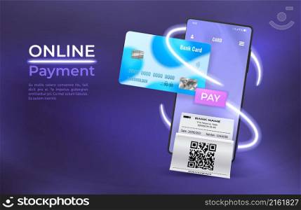Online payment poster with mobile phone, credit card and bill. Smartphone device with receipt. Digital pay service or bank vector concept. Cashless electronic paying, technology for e-commerce. Online payment poster with mobile phone, credit card and bill. Smartphone device with receipt. Digital pay service or bank vector concept