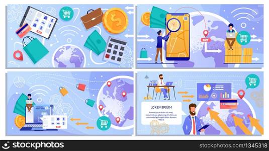 Online Payment Services on Mobile and Laptop Cartoon Set. People Characters, Businessmen Purchase Goods and Fast Delivery. Worldwide Transactions. Business, Finance and E-Commerce. Vector Illustration. Online Payment Services on Mobile and Laptop Set