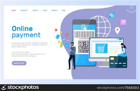Online payment web page, computer and smartphone vector. Internet shopping at app or website, credit card and barcode, customers and transactions. Online Payment Web Page, Computer and Smartphone