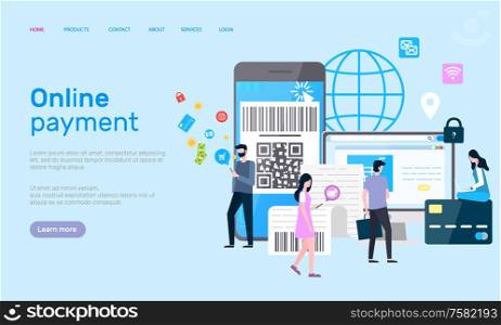 Online Payment web page, modern gadgets and devices vector. Smartphone and computer monitor, credit card and check with barcode, Internet shopping. Website template landing page in flat. Online Payment Page, Modern Gadgets and Devices