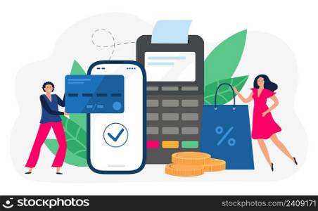 Online payment. Wireless shopping using smartphone, secure transactions in internet. Making purchases using mobile banking. People making e-commerce transfers vector, woman holding shopping bag. Online payment. Wireless shopping using smartphone, secure transactions in internet. Making purchases using mobile banking