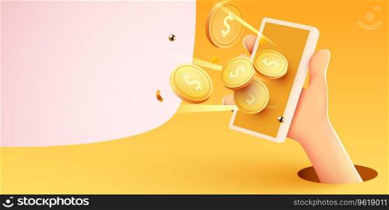 Online payments concept with cartoon 3D hand, phone and coin, Business and money. Online earnings. Vector illustration. Online payments concept with cartoon 3D hand, phone and coin, Business and money. Online earnings.