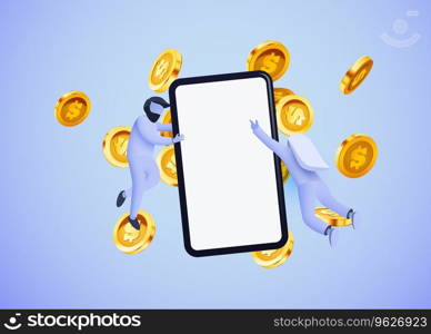 Online payments concept with phone, coins and small people flying around. Business and money. Online earnings. Vector illustration. Online payments concept with phone, coins and small people flying around. Business and money. Online earnings.