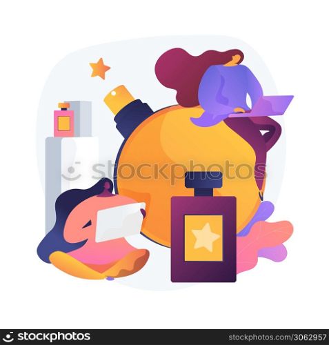 Online perfume store. Internet makeup shopping. Aroma, scent, spray. Luxury fragrance in glass bottle. Online shop assistant, consultant. Vector isolated concept metaphor illustration. Online perfume store vector concept metaphor