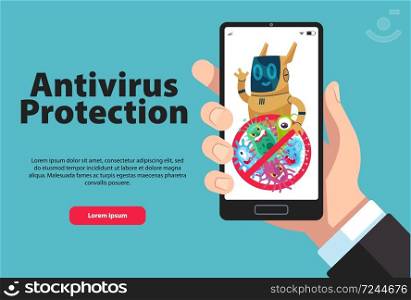 Online personal phone data protection. Firewall or antivirus software for phone data safety. Hand holding smartphone. Computer viruses and warning sign on gadget screen. Flat vector illustration. Online personal phone data protection. Firewall or antivirus software for phone data safety. Hand holding smartphone. Viruses and warning sign on screen. Flat vector illustration