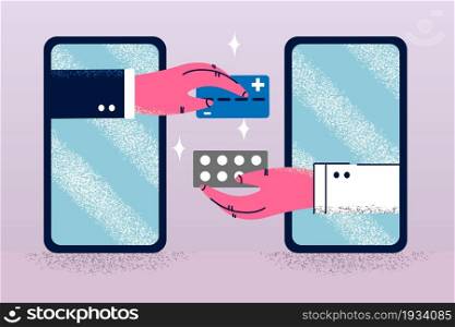 Online pharmacy and healthcare concept. Smartphones screens with human hands giving pills and buying with credit card online vector illustration . Online pharmacy and healthcare concept