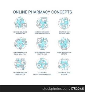 Online pharmacy concept icons set. Online medication order steps idea thin line RGB color illustrations. Buying drugs. Safe online pharmacy signs. Vector isolated outline drawings. Editable stroke. Online pharmacy concept icons set