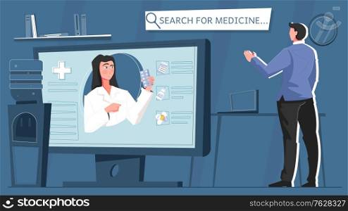 Online pharmacy flat with search for medicine headline and provisor advises patient on the Internet vector illustration
