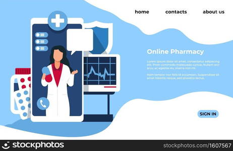 Online pharmacy landing page. Medical website template. Drugstore web service. Modern interface design with text and buttons. Doctor consultation, recipe for medicines. Vector health care mockup. Online pharmacy landing page. Medical website template. Drugstore web service. Interface design with text and buttons. Doctor consultation, recipe for medicines, vector health care