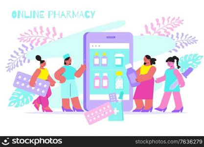 Online pharmacy menu on smartphone screen flat composition with people choosing medication holding pills drops vector illustration