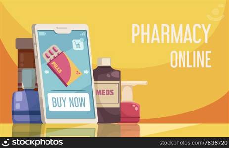 Online pharmacy poster with medical product symbols flat vector illustration