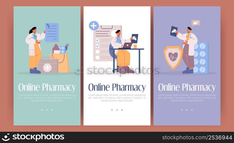 Online pharmacy posters. Virtual healthcare service for sale and delivery medical drugs and tablets. Vector banner with flat illustration of pharmacist, doctor with prescription and patient. Online pharmacy service posters