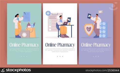 Online pharmacy posters. Virtual healthcare service for sale and delivery medical drugs and tablets. Vector banner with flat illustration of pharmacist, doctor with prescription and patient. Online pharmacy service posters