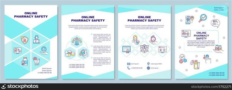 Online pharmacy safety brochure template. Internet order. Flyer, booklet, leaflet print, cover design with linear icons. Vector layouts for magazines, annual reports, advertising posters. Online pharmacy safety brochure template